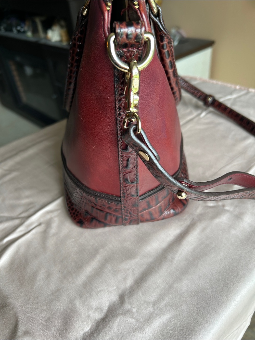 Brahmin Burgundy Leather Satchel with Croc-Embossed Trim - Picture 4 of 16